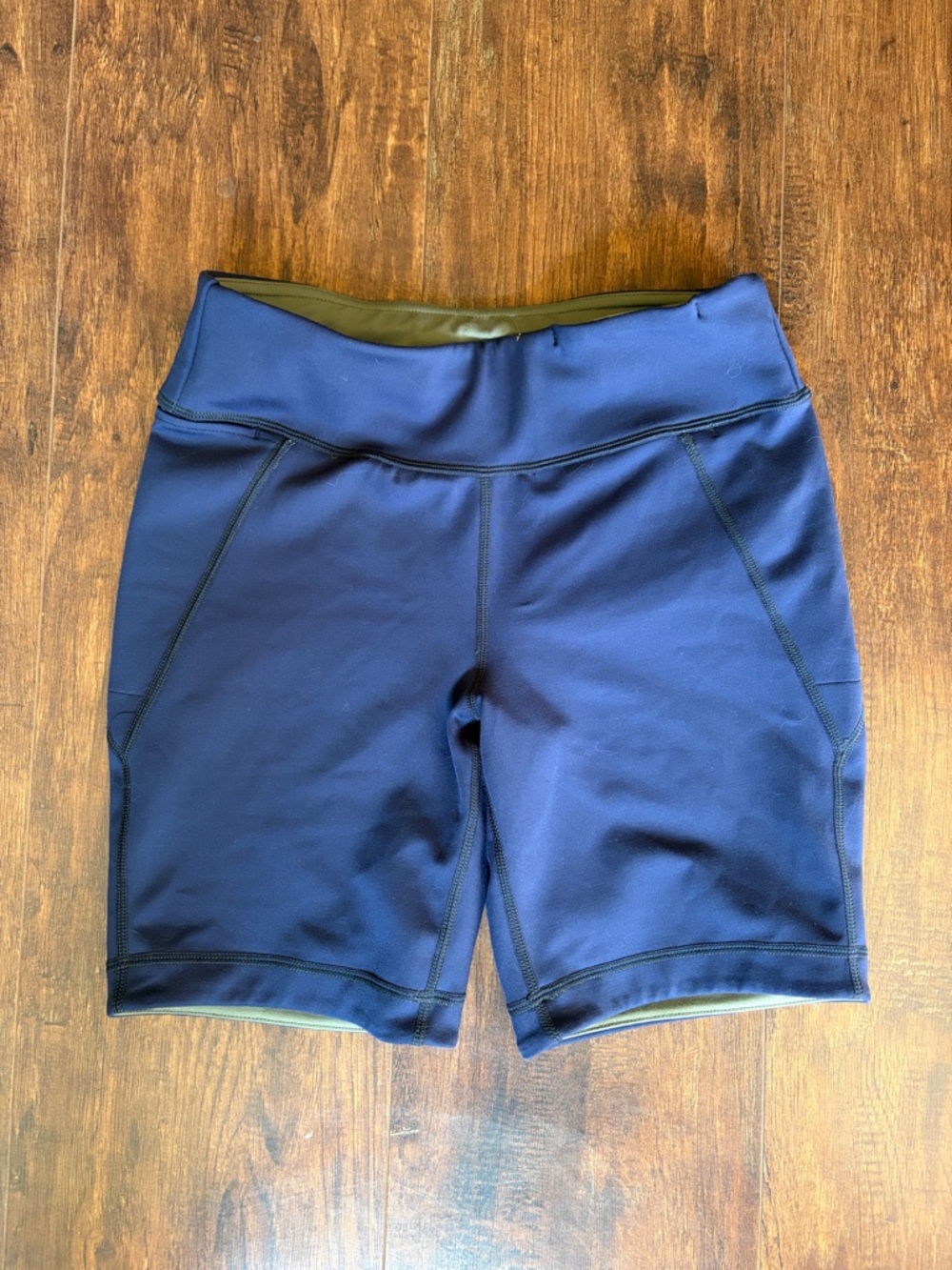 Title Nine Navy Bike Shorts with Olive Waistband